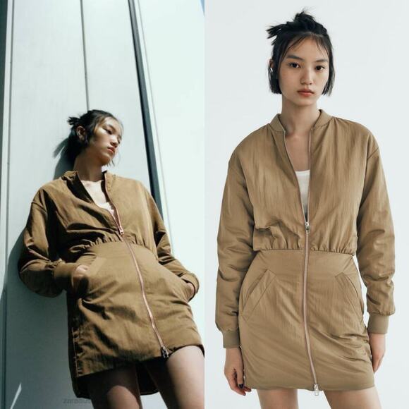 Zara NWT Bomber Mini Dress Synched Waist Olive Green Size Small - Picture 1 of 7